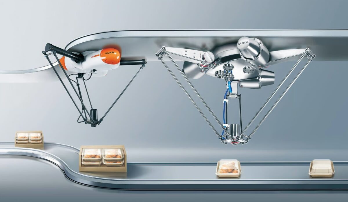 KUKA delta robots voor high-speed pick-and-place op transportband in voedingsproductie