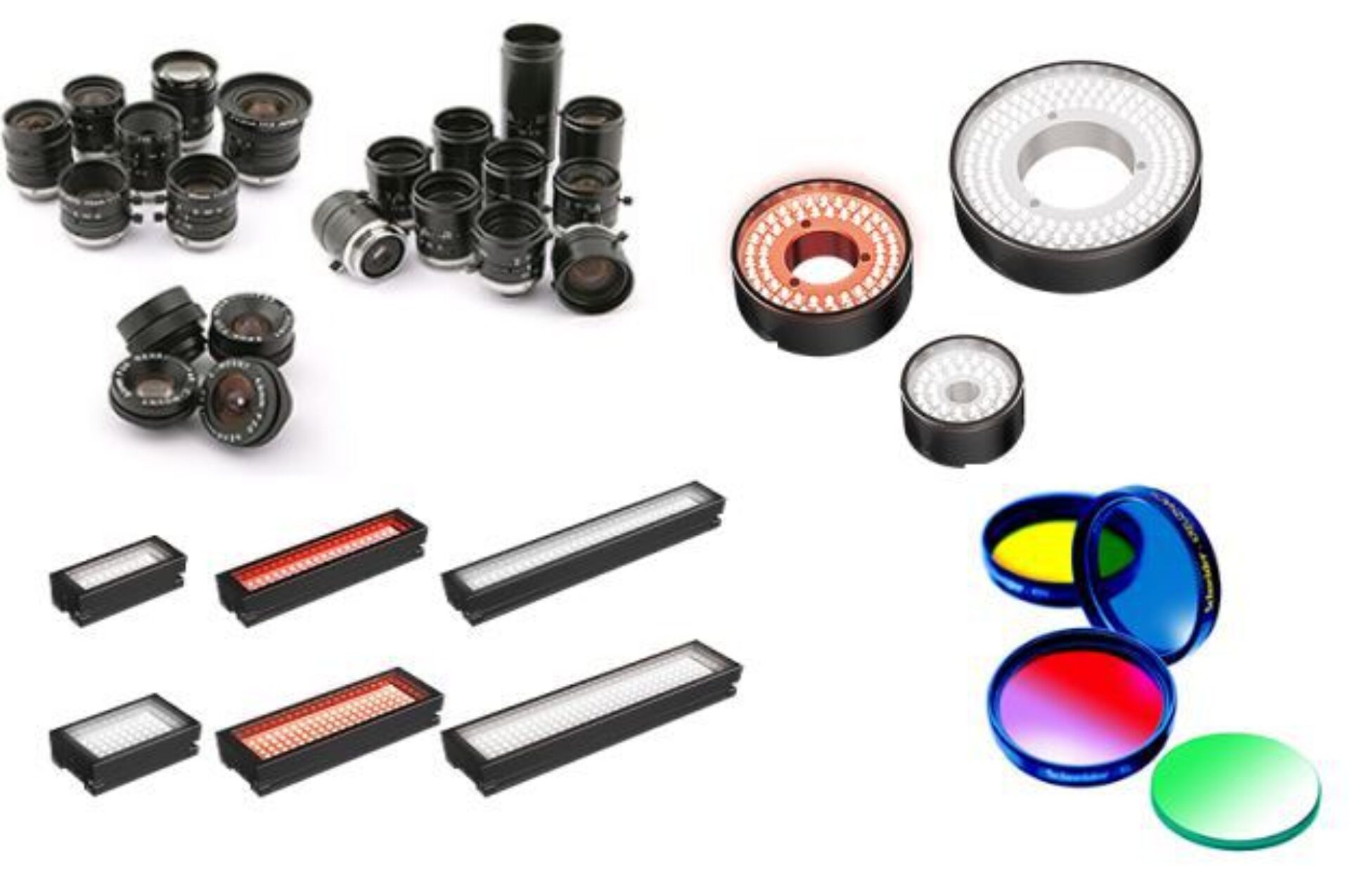 Machine vision componenten zoals lenzen, industriële verlichting en filters voor beeldverwerking en inspectie toepassingen