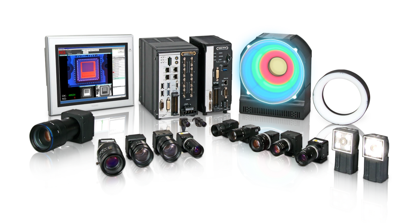 OMRON machine vision hardware met camera’s, lenzen, verlichting en controller voor industriële inspectie en kwaliteitscontrole